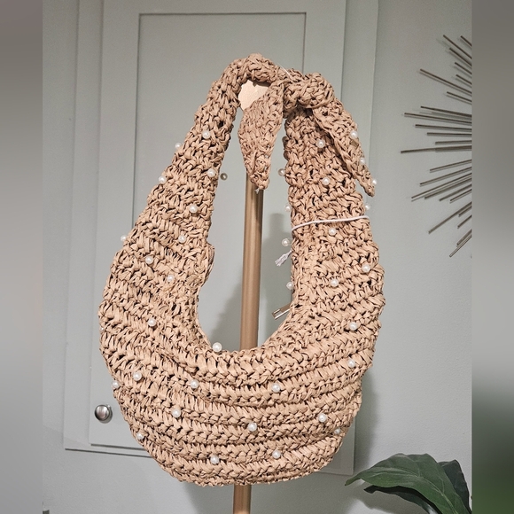 HAUTE HIPPIE Woven Straw Slouchy Shoulder Bag With Pearl Accents. Tan. NWT - Picture 12 of 13